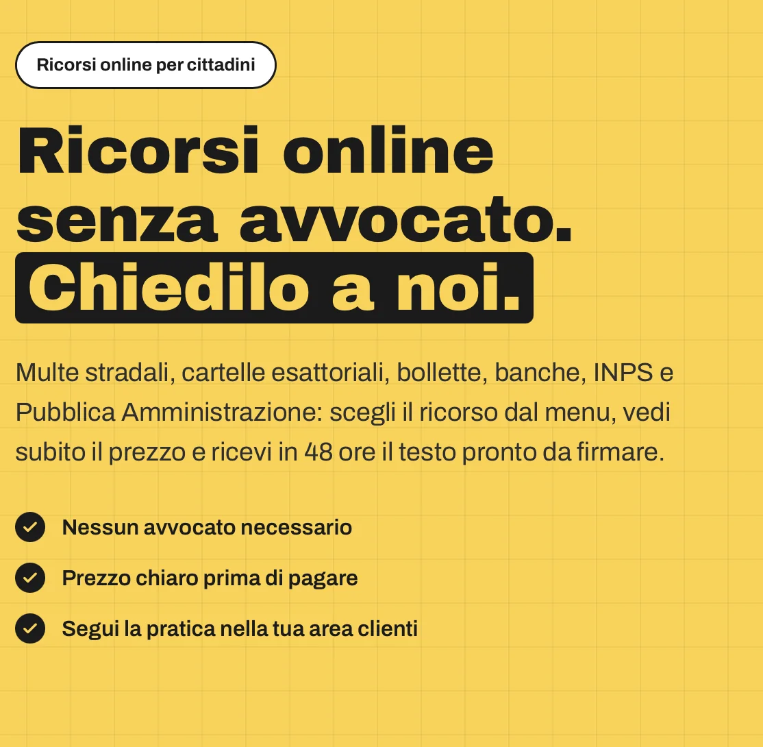 Home di Chiedimi un Ricorso: sfondo giallo a quadretti, l'etichetta «Ricorsi online per cittadini», il titolo «Ricorsi online senza avvocato. Chiedilo a noi.», il testo che invita a scegliere il ricorso dal menu e le voci «Nessun avvocato necessario», «Prezzo chiaro prima di pagare» e «Segui la pratica nella tua area clienti»