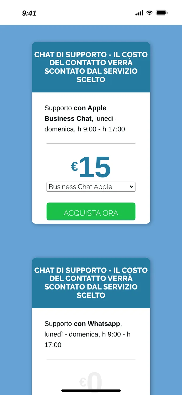 Schermata dell'app con la chat di supporto su Apple Business Chat, dal lunedì alla domenica dalle 9 alle 17, prezzo 15 euro