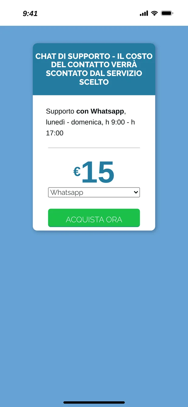 Schermata dell'app con la chat di supporto su WhatsApp, dal lunedì alla domenica dalle 9 alle 17, prezzo 15 euro