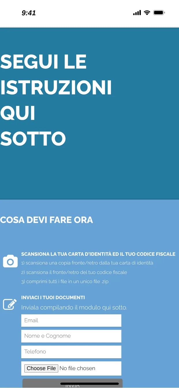 Schermata dell'app «Segui le istruzioni qui sotto»: scansionare carta d'identità e codice fiscale, comprimere i file in un unico zip e inviarli con un modulo con email, nome e cognome, telefono e caricamento del file