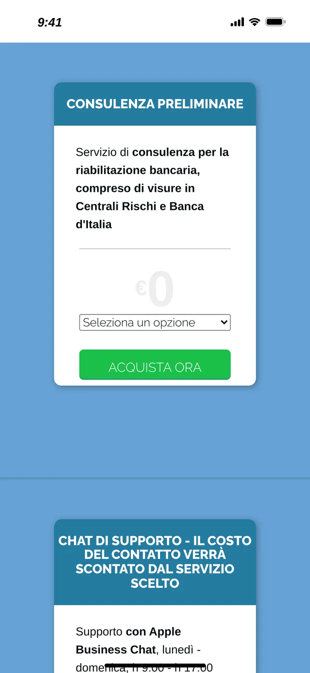 Schermata dell'app Riabilitazione Bancaria con la scheda «Consulenza preliminare», il menu «Seleziona un'opzione» e il pulsante verde Acquista ora