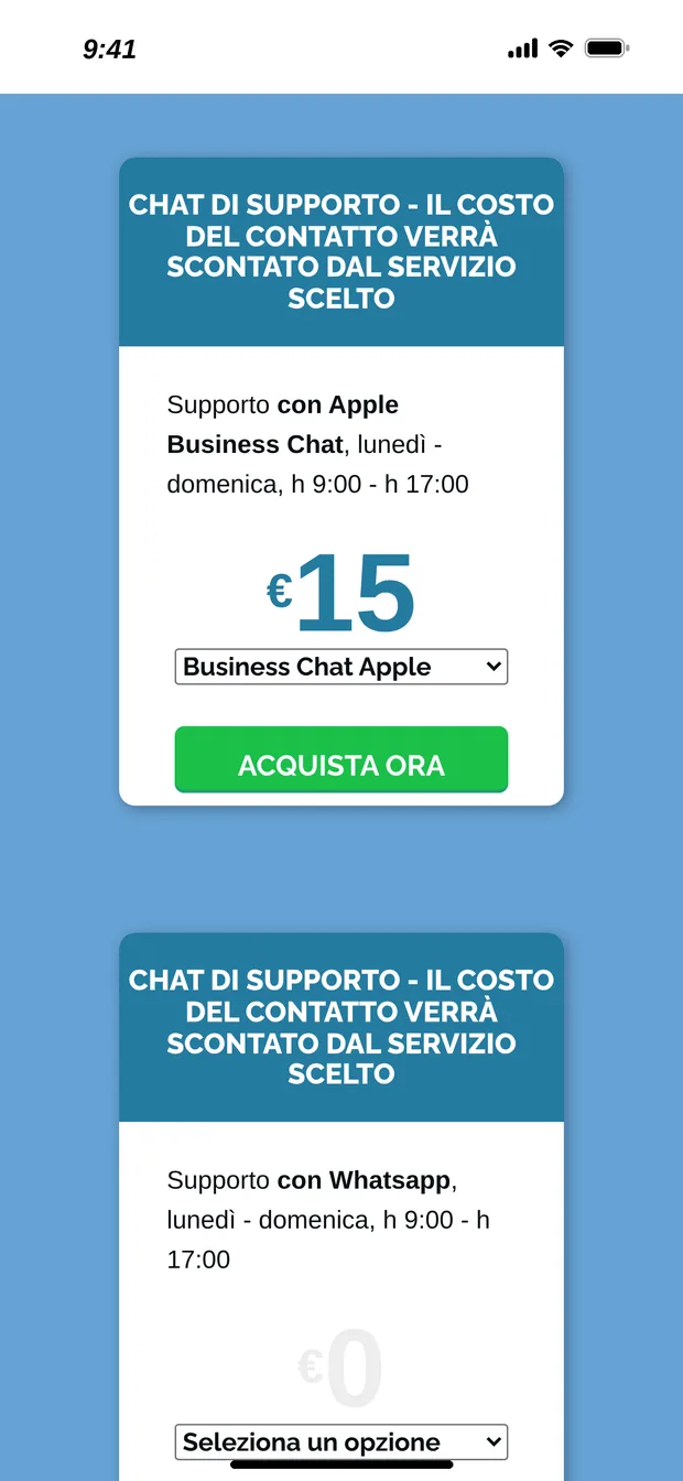 Schermata dell'app con la chat di supporto su Apple Business Chat, dal lunedì alla domenica dalle 9 alle 17, prezzo 15 euro