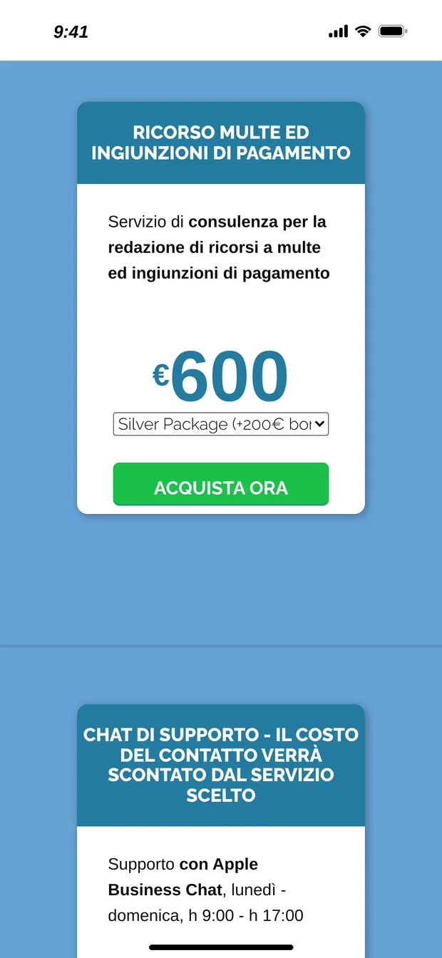 Schermata dell'app con selezionato il pacchetto «Silver Package (+200€ bonus)» al prezzo di 600 euro