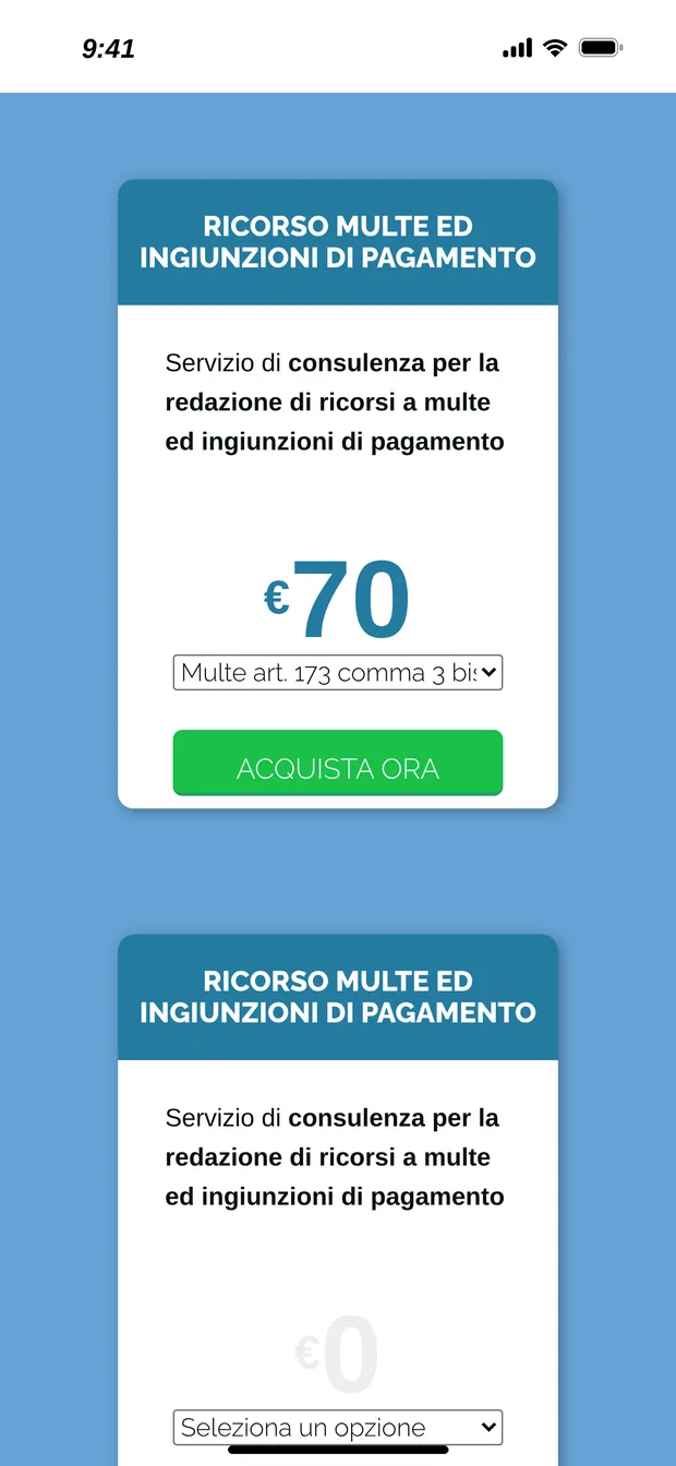 Schermata dell'app con selezionata la voce «Multe art. 173 comma 3 bis» e il prezzo della consulenza aggiornato a 70 euro, con il pulsante verde Acquista ora