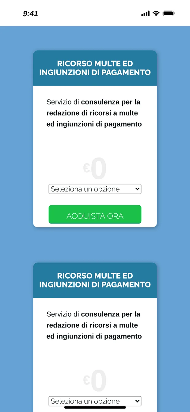 Schermata dell'app Ricorsi Multe Italia con la scheda «Ricorso multe ed ingiunzioni di pagamento», il menu «Seleziona un'opzione» e il prezzo a zero euro
